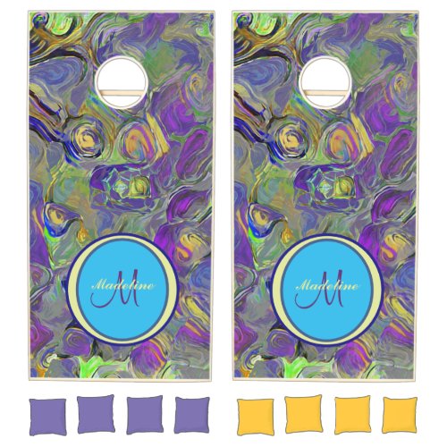 Colorful Watercolor Abstract Pattern Monogram Cornhole Set