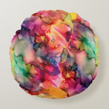 Colorful Watercolor Abstract Round Pillow by FantasyPillows at Zazzle