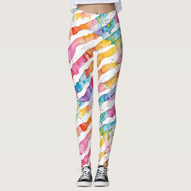 Colorful Watercolor Abstract Stripes  Leggings (Front)