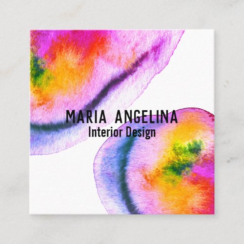 Colorful watercolor abstract swirls purple yellow square business card