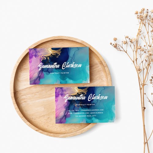 Colorful Watercolor Abstract Thick Cursive Script Business Card