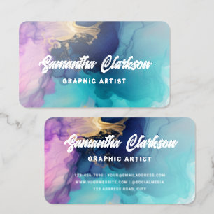 Colorful Watercolor Abstract Thick Cursive Script Raised Spot UV Business Card