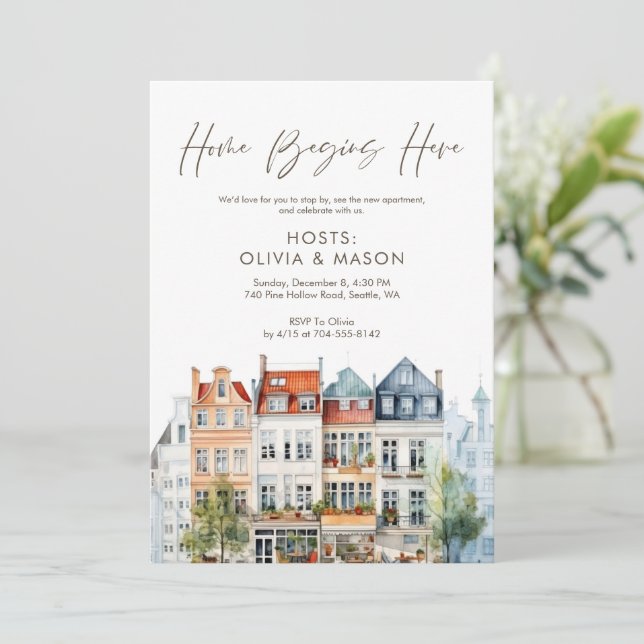 Colorful Watercolor Apartment Housewarming Invitation (Standing Front)