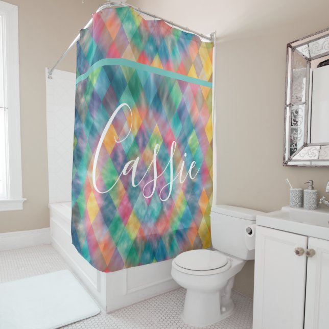 Colorful Watercolor Argyle Shower Curtain (In Situ)