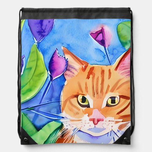Colorful Watercolor Art  Orange Cat and Flowers Drawstring Bag