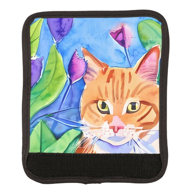 Colorful Watercolor Art | Orange Cat and Flowers Luggage Handle Wrap (Front)