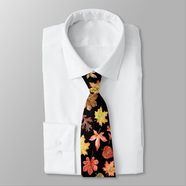 Colorful watercolor autumn leaves pattern neck tie (Tied)