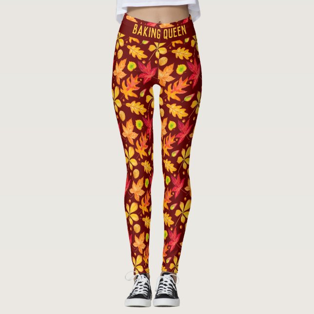 Colorful Watercolor Autumn Leaves Personalized  Leggings (Front)