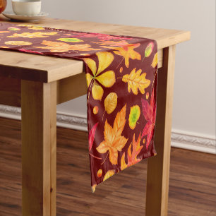 Colorful Watercolor Autumn Leaves Short Table Runner