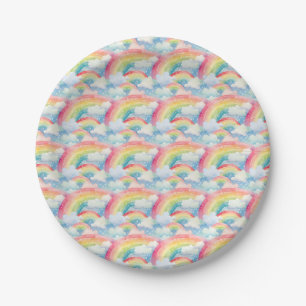 Colorful Watercolor Background with Rainbows Paper Plates