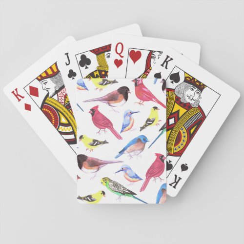 Colorful watercolor birds in multicolor poker cards