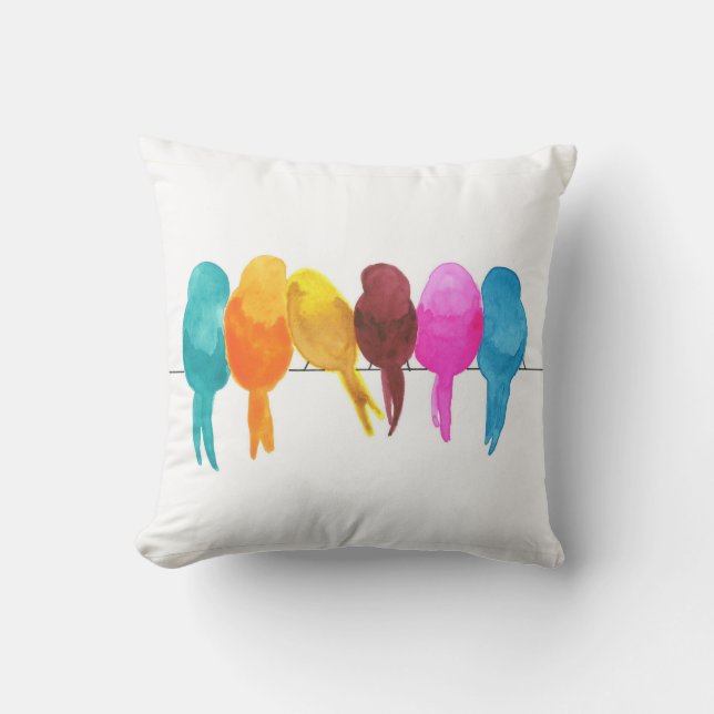 Colorful Watercolor Birds  Throw Pillow (Front)