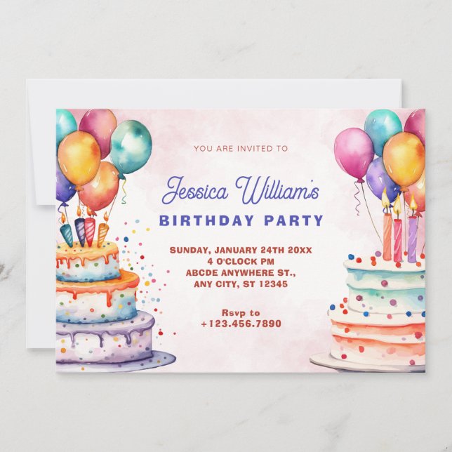 Colorful watercolor birthday cake and balloons invitation (Front)