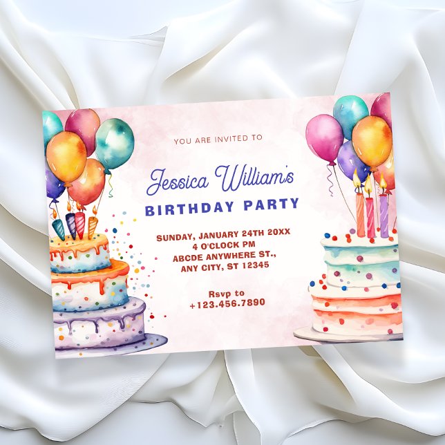 Colorful watercolor birthday cake and balloons invitation (Creator Uploaded)