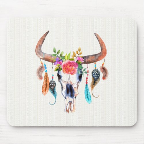 Colorful Watercolor Bison Skull With Horns Mouse Pad