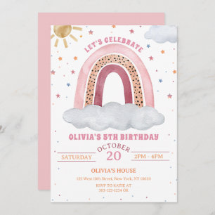 Colorful Watercolor Boho Rainbow Girl Birthday Invitation