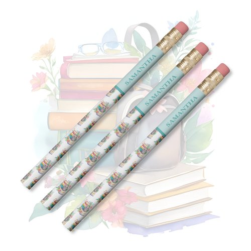 Colorful Watercolor Books Backpack and Flowers Pencil