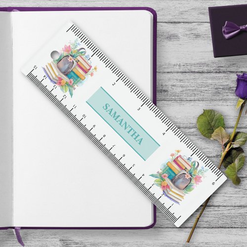 Colorful Watercolor Books Backpack and Flowers Ruler