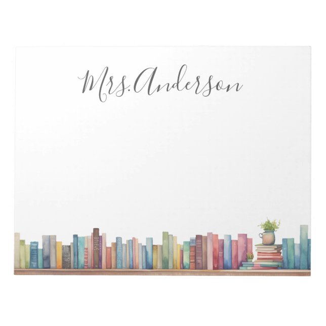 Colorful Watercolor Books Teacher Name Notepad (Front)