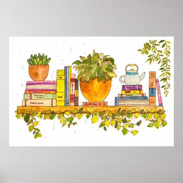 Colorful Watercolor Bookshelf Poster (Front)