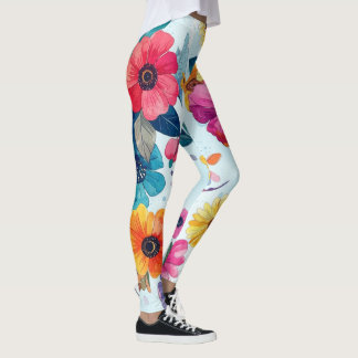 Colorful Watercolor Botanical Floral Leggings