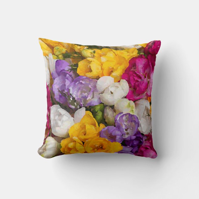 Colorful Watercolor Bouquet Fine Floral Throw Pillow (Front)