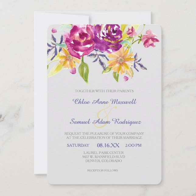 Colorful Watercolor Bouquet Wedding Invitation (Front)