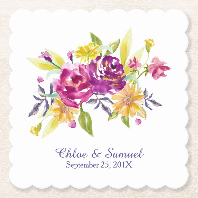 Colorful Watercolor Bouquet Wedding Paper Coaster (Front)