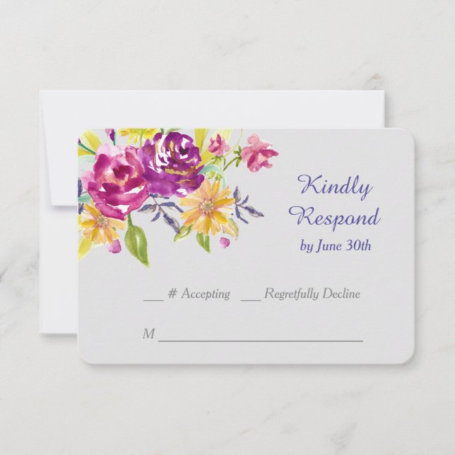 Colorful Watercolor Bouquet Wedding RSVP Card (Front)