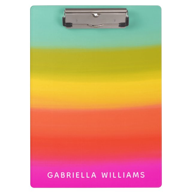 Colorful Watercolor Bright Rainbow Stripes Name Clipboard (Front)