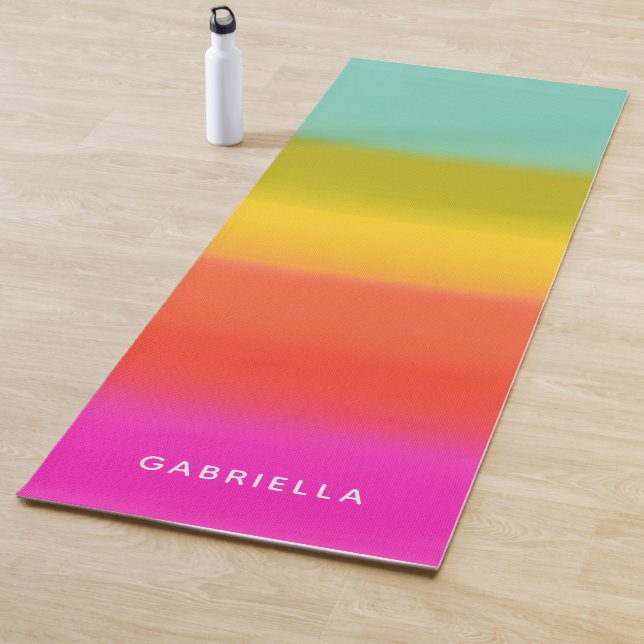 Colorful Watercolor Bright Rainbow Stripes Name Yoga Mat (In Situ)