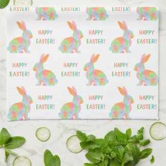 Colorful Watercolor Bunnies And Happy Easter Text Kitchen Towel
