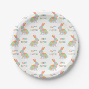 Colorful Watercolor Bunnies And Happy Easter Text Paper Plates