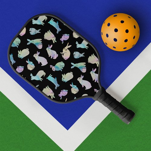 Colorful Watercolor Bunnies Pattern on Black Pickleball Paddle