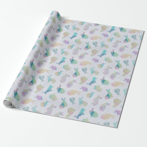 Colorful Watercolor Bunnies Pattern on White Wrapping Paper