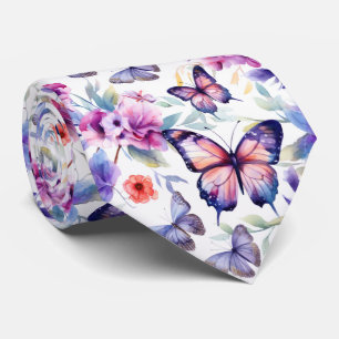 Colorful Watercolor Butterflies Flower Pattern Neck Tie
