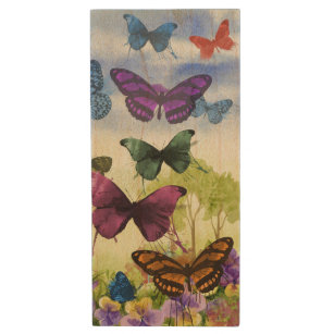 Colorful watercolor butterflies illustration wood flash drive