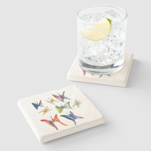 Colorful watercolor butterflies stone coaster (Side)