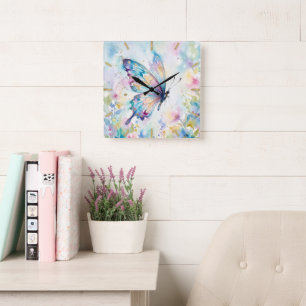 Colorful Watercolor Butterfly Floral Square Wall Clock