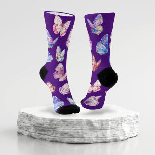 Colorful Watercolor Butterfly Pattern Purple Socks