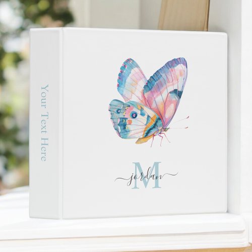 Colorful Watercolor Butterfly with Your Monogram 3 Ring Binder