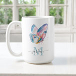 Colorful Watercolor Butterfly with Your Monogram Coffee Mug<br><div class="desc">A colorful watercolor butterfly in bright hues of blue, aqua, pink, orange and white reminds one of the beauty of nature found in these magnificent creatures. A modern text template is used to personalize with your name and monogram initial. When personalizing your name in the design template, leave the small...</div>