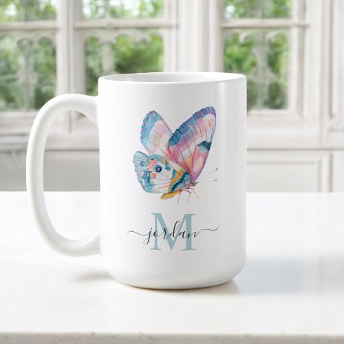 Colorful Watercolor Butterfly with Your Monogram Coffee Mug