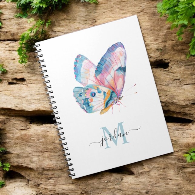 Colorful Watercolor Butterfly with Your Monogram Notebook (Personalize with your name and monogram initial.)