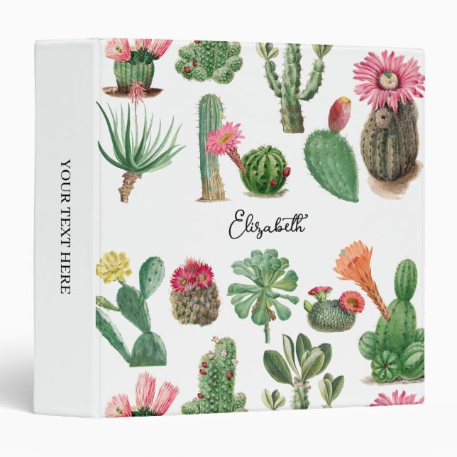 Colorful Watercolor Cactus & Succulents Flowers 3 Ring Binder (Front/Spine)