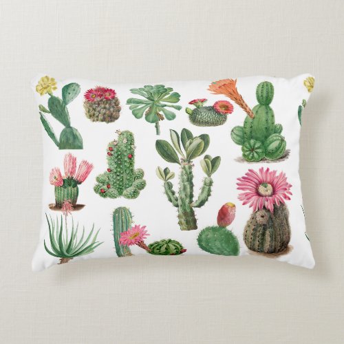Colorful Watercolor Cactus  Succulents Flowers Accent Pillow