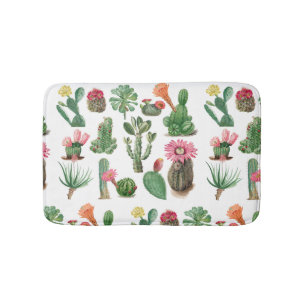 Colorful Watercolor Cactus & Succulents Flowers Bath Mat