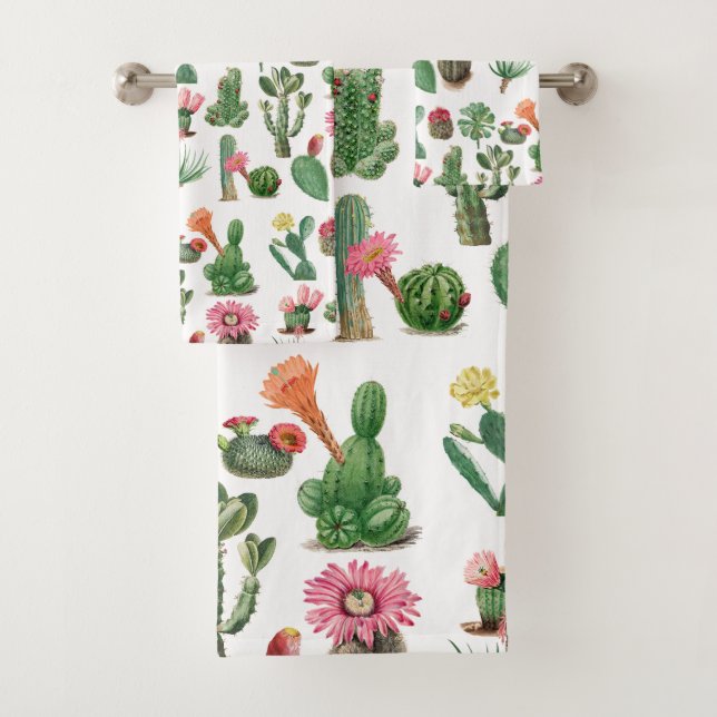 Colorful Watercolor Cactus & Succulents Flowers Bath Towel Set (Insitu)
