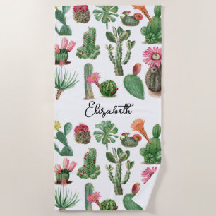 Colorful Watercolor Cactus & Succulents Flowers Beach Towel