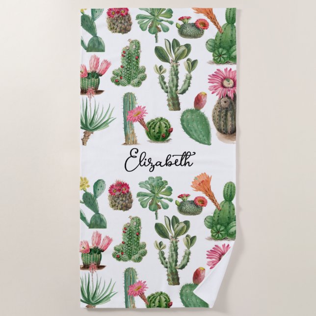 Colorful Watercolor Cactus & Succulents Flowers Beach Towel (Front)